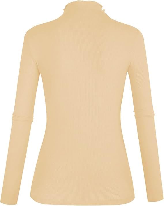 POPZONE Women's Lettuce Trim Mock Neck Long Sleeve Slim Fit Ribbed Knit Tee Shirt Tops