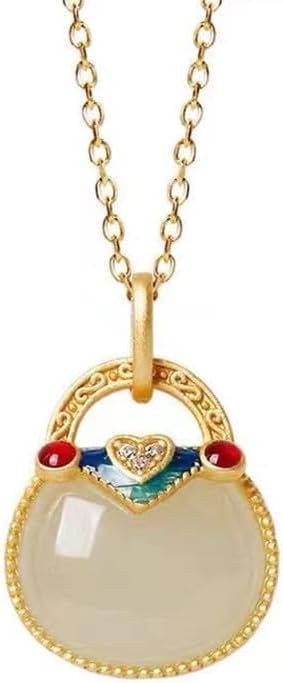 AMINKINA 14K Gold Real Natural Jade Enamel Fortune Bag Necklace, Unique Vintage Style Jade Pendant, Delicate Jade Jewelry Gift for Wife's Prosperity