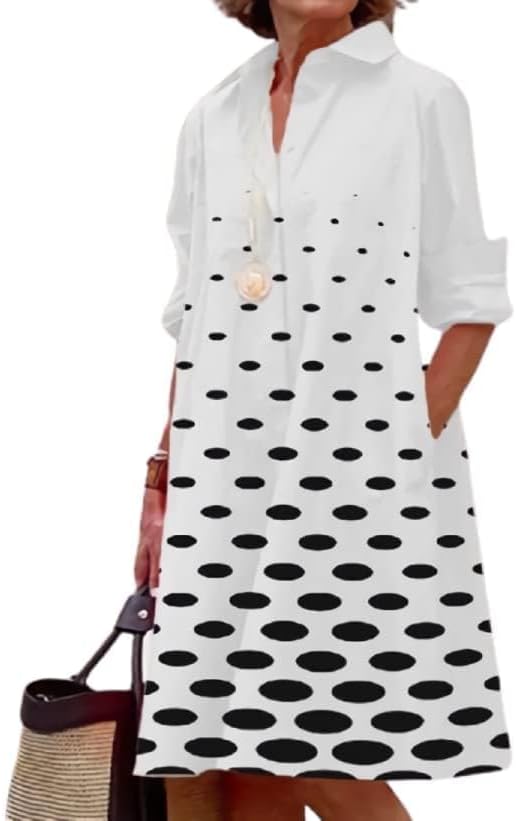 Womens 2025 Long Sleeve Button Down Shirt Summer Dress Casual V Neck Loose Fit Midi Shirt Dresses with Pockets