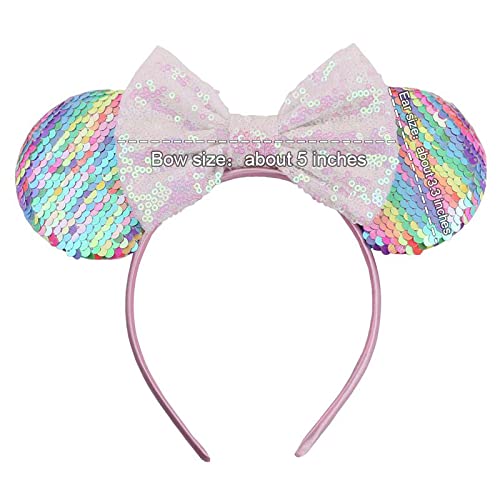 Foeran Mouse Ears Headbands Shiny Bows Mouse Ears Glitter Party Princess Decoration Cosplay Costume for Girls Women (Sequin rainbow-1)