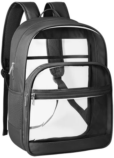KIMNERPU Clear Backpack, Heavy Duty Transparent Bookbag for School, Fabric & PVC Transparent Backpack with Reinforced Strap for Women Men, Capacity Clear Bag for College, Travel, X-Large Black