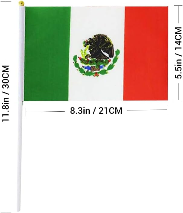 20 Pack Small Mexico Flags on Stick Mini Handheld Mexican Flag for Parades, Independence Day and Patriotic Events 5x8 Inch Durable Weather-Resistant Flags with 12 Inch Sticks(Mexico)
