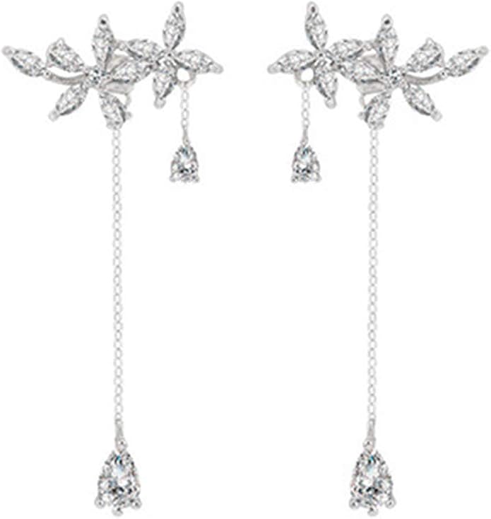 SLUYNZ 925 Sterling Silver CZ Flowers Wrap Dangle Chain Earrings - Elegant Bridal Wedding Engagement Drop Earrings