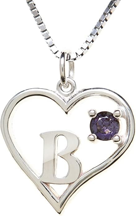 Icy Jewelry Silver Sterling Necklace Initial Letter A-Z Birthstone for Women – Personalized Custom Jewelry Pendant with Heart Design Customized Dainty Charm for Wife Girlfriend Mom – 18" Box Chain