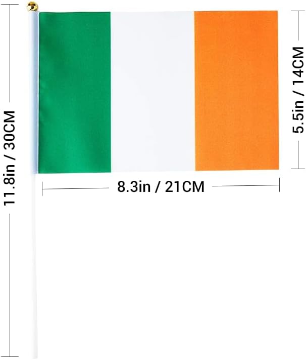 20 Pack Small Ireland Flags on Stick Mini Handheld Irish Flag for Parades, Independence Day and Patriotic Events 5x8 Inch Durable Weather-Resistant Flags with 12 Inch Sticks(Ireland)