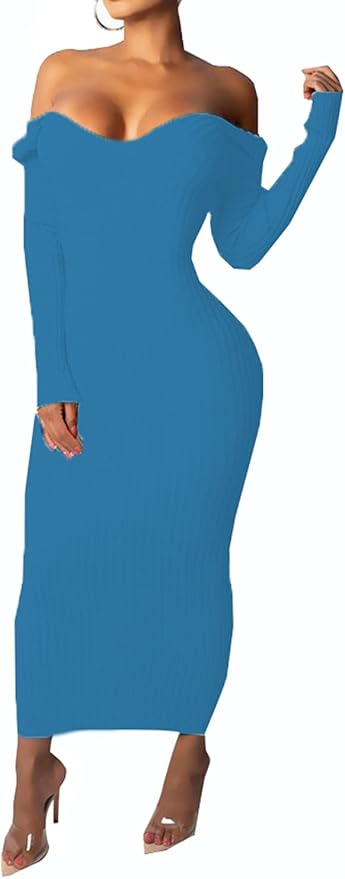 SheKiss Women's Off Shoulder Long Sleeves Bodycon Sweater Dress Sexy Knit Slim Cardigans