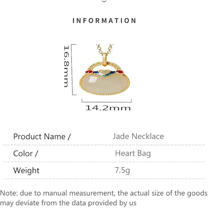 AMINKINA 14K Gold Real Natural Jade Enamel Fortune Bag Necklace, Unique Vintage Style Jade Pendant, Delicate Jade Jewelry Gift for Wife's Prosperity