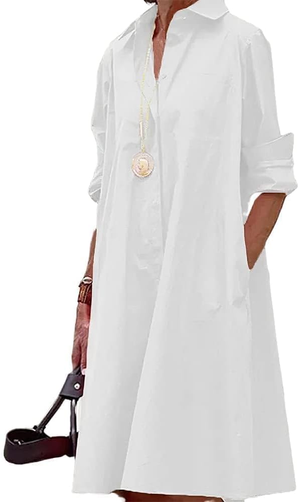 Womens 2025 Long Sleeve Button Down Shirt Summer Dress Casual V Neck Loose Fit Midi Shirt Dresses with Pockets