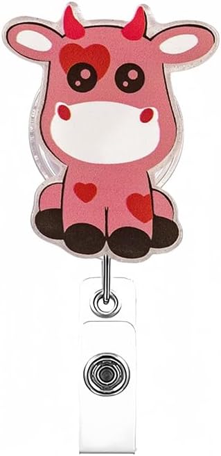 Cute Pink Cow Valentines Badge Reel Holder for Nurse Retractable Badge Reel Holder Name ID Badge Reels Funny Cute Badge Holder with Swivel Alligator Clip for Lover Nurse Doctor Teacher