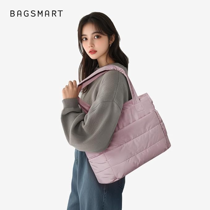 BAGSMART Tote Bag for Women, Lightweight Puffy Tote Bag with Compartments Shoulder Bag Handbag for Travel, Work, Gym | Lightweight, Puffy, Tote Bag with Compartments, Quilted, for Travel, Work