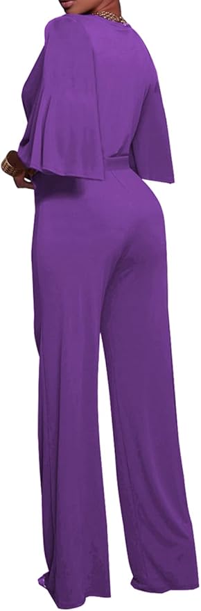 BessCops Womens Loose Short Sleeve Belted Wide Leg Pant Romper Jumpsuit Casual Business One Piece Outfits