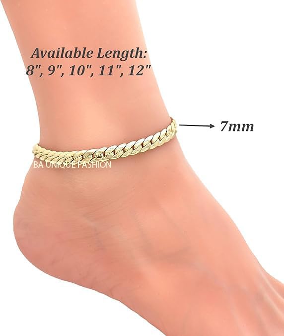 BA UNIQUE FASHION Gold Electroplated Anklet for Women, 9-12 Inch Sizes, Figaro, Cuban, Mariner, Herringbone Design - Made in Korea