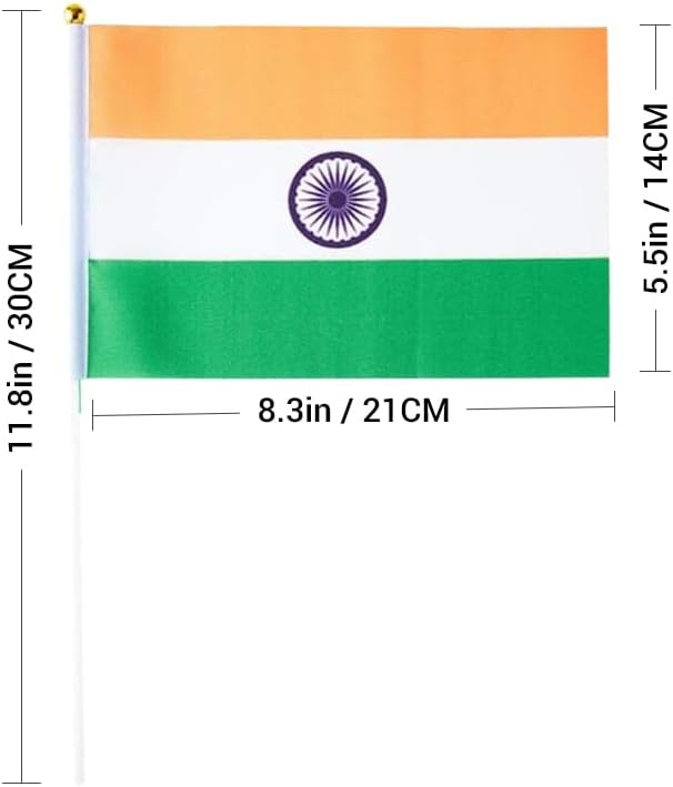 20 Pack Small India Flags on Stick Mini Handheld Indian Flag for Parades, Independence Day and Patriotic Events 5x8 Inch Durable Weather-Resistant Flags with 12 Inch Sticks(India)