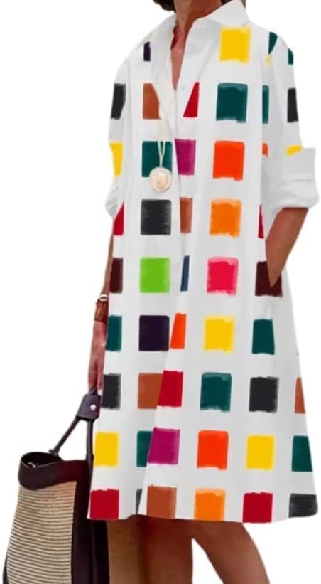 Womens 2025 Long Sleeve Button Down Shirt Summer Dress Casual V Neck Loose Fit Midi Shirt Dresses with Pockets