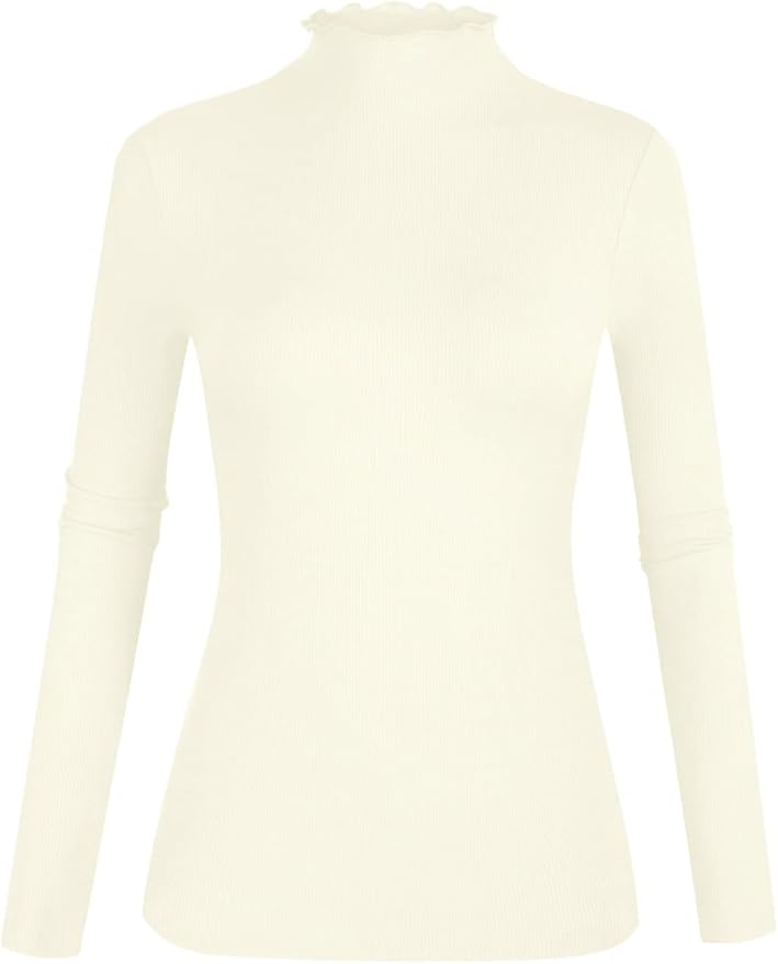 POPZONE Women's Lettuce Trim Mock Neck Long Sleeve Slim Fit Ribbed Knit Tee Shirt Tops