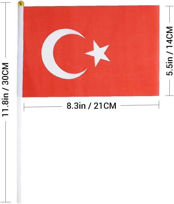 20 Pack Small Turkey Flags on Stick Mini Handheld Turkish Flag for Parades, Independence Day and Patriotic Events 5x8 Inch Durable Weather-Resistant Flags with 12 Inch Sticks(Turkey)