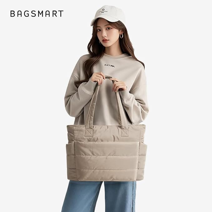 BAGSMART Tote Bag for Women, Lightweight Puffy Tote Bag with Compartments Shoulder Bag Handbag for Travel, Work, Gym | Lightweight, Puffy, Tote Bag with Compartments, Quilted, for Travel, Work