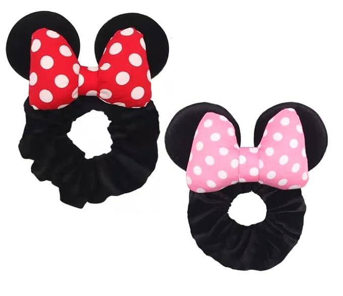 Styla Hair Scrunchies for Kids and Women - 2pk Velvet Bow Scrunchies with Sparkle Sequins Hair Bands for Pony Tails (Red White Puff Dot)