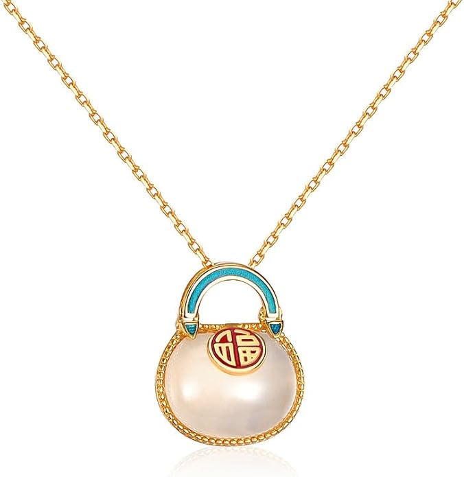 AMINKINA 14K Gold Real Natural Jade Enamel Fortune Bag Necklace, Unique Vintage Style Jade Pendant, Delicate Jade Jewelry Gift for Wife's Prosperity