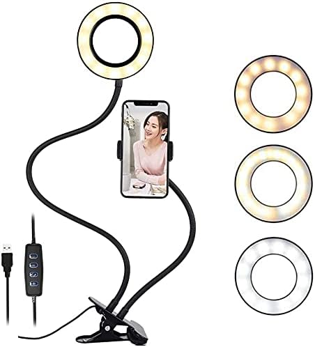 Clip on Light Reading Lights with Cell Phone Holder,Eye Protection Kids Desk Lamp, 360 ° Flexible Gooseneck Selfie Ring Light， LED Makeup Mirror Lights… (Selfie Ring Light with Cell Phone Holder)