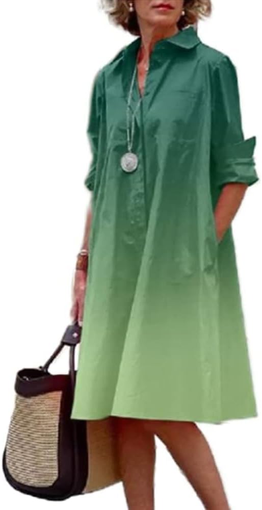 Womens 2025 Long Sleeve Button Down Shirt Summer Dress Casual V Neck Loose Fit Midi Shirt Dresses with Pockets