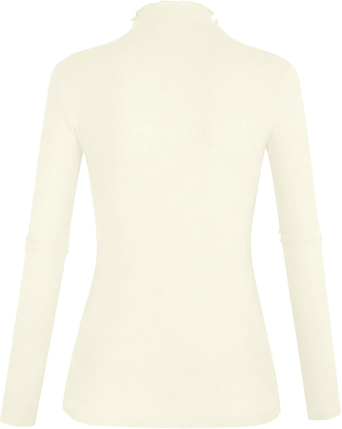 POPZONE Women's Lettuce Trim Mock Neck Long Sleeve Slim Fit Ribbed Knit Tee Shirt Tops