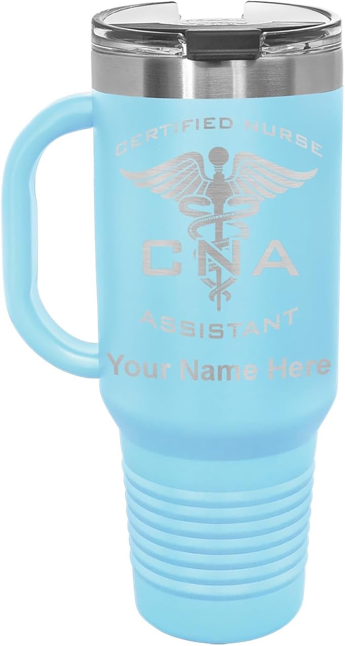 LaserGram 40oz Vacuum Insulated Travel Mug with Handle, CNA Certified Nurse Assistant, Personalized Engraving Included (Light Blue)