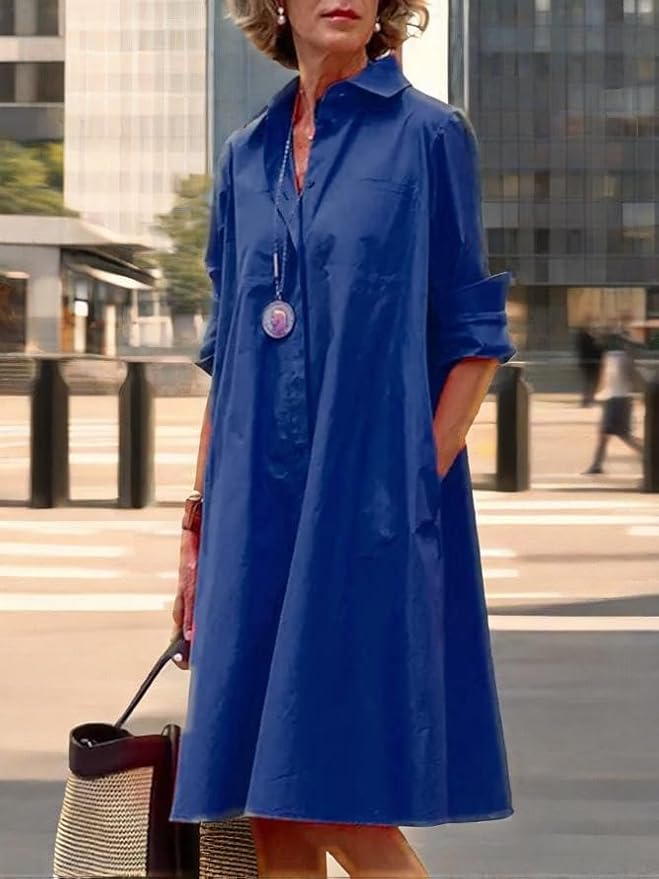 Womens 2025 Long Sleeve Button Down Shirt Summer Dress Casual V Neck Loose Fit Midi Shirt Dresses with Pockets