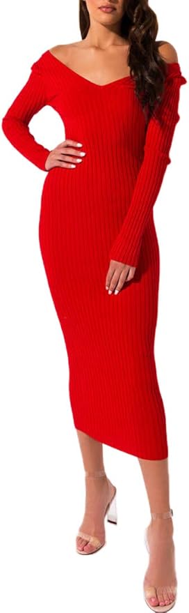 SheKiss Women's Off Shoulder Long Sleeves Bodycon Sweater Dress Sexy Knit Slim Cardigans