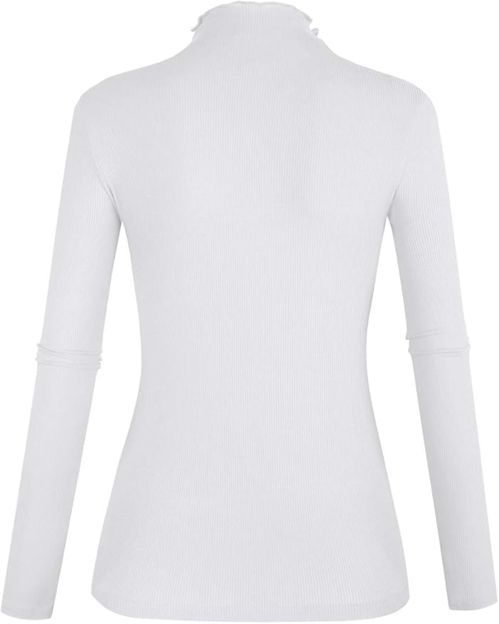 POPZONE Women's Lettuce Trim Mock Neck Long Sleeve Slim Fit Ribbed Knit Tee Shirt Tops