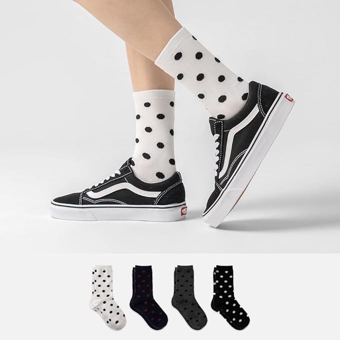 Kikiya Women's Cotton Crew Socks - Cute Flower Graphic Polka Dot Striped Heart Patterned - Ladies Girls Casual Socks Size 6-8