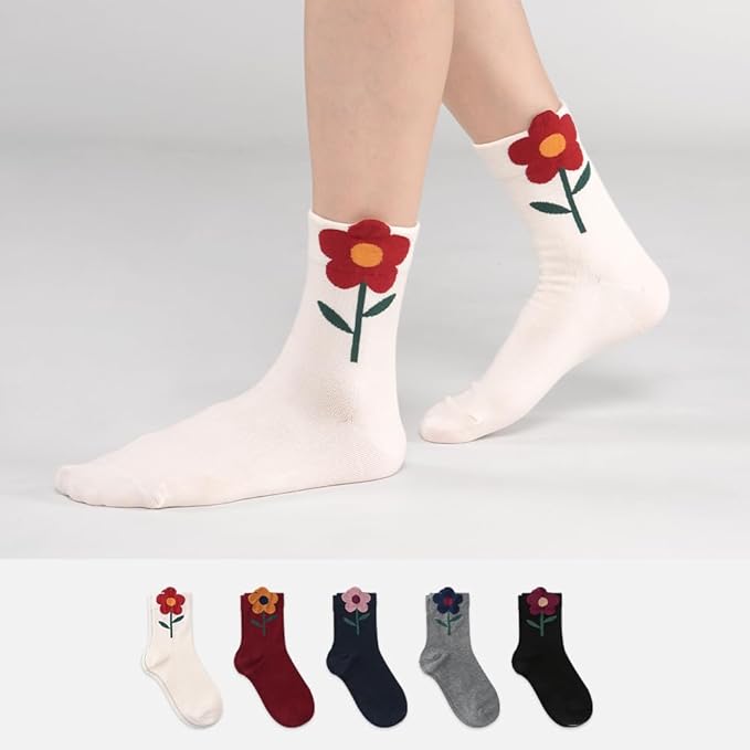 Kikiya Women's Cotton Crew Socks - Cute Flower Graphic Polka Dot Striped Heart Patterned - Ladies Girls Casual Socks Size 6-8