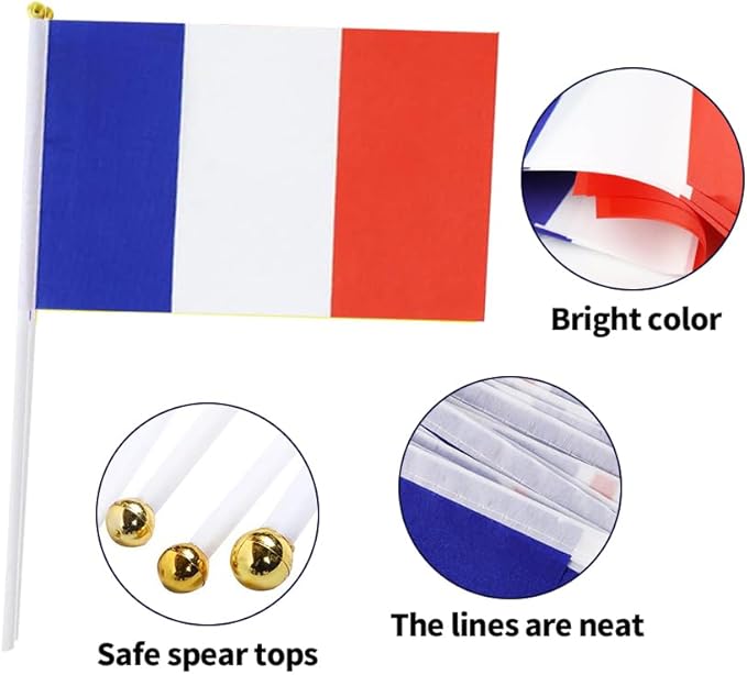 20 Pack Small France Flags on Stick Mini Handheld French Flag for Parades, Independence Day and Patriotic Events 5x8 Inch Durable Weather-Resistant Flags with 12 Inch Sticks(France)