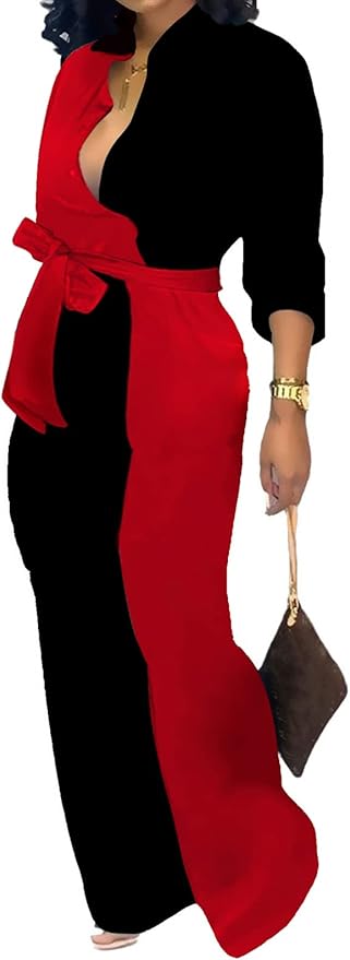 SeNight Women's Jumpsuits Elegant Business Casual Button Down V Neck Long Sleeve Strap Straight Long Pants With Pockets