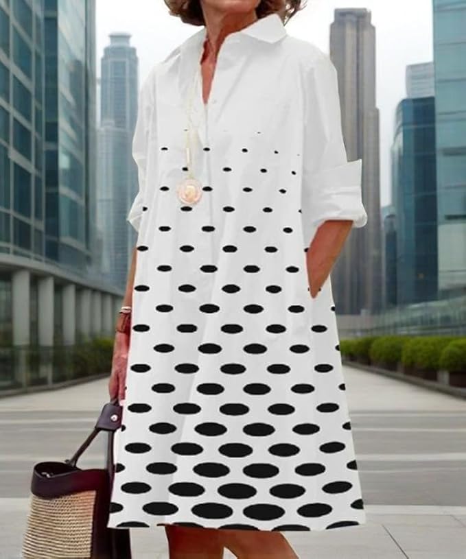 Womens 2025 Long Sleeve Button Down Shirt Summer Dress Casual V Neck Loose Fit Midi Shirt Dresses with Pockets
