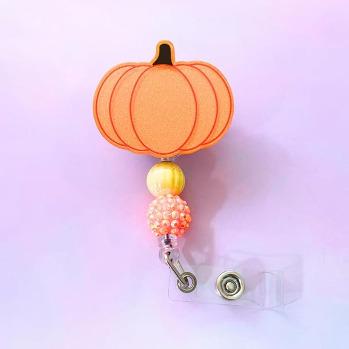 Pumpkin Badge Reel Cute Sparkling Orange Glittery ID Holder Retractable Clip Decorative Accessories Halloween Thanksgiving Gift RN Nurse Medical Assistant Student NICU Pharmacy Pediatric Healthcare