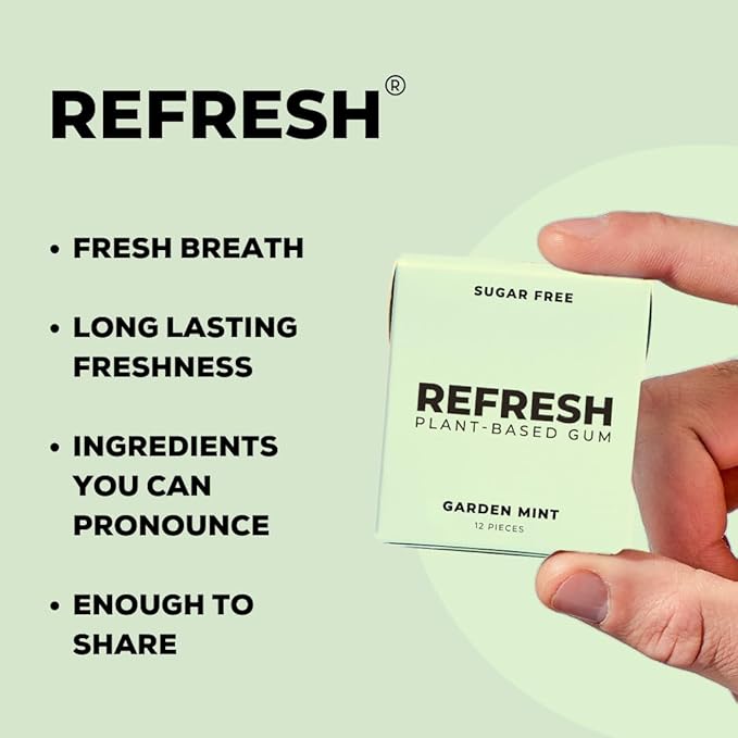 Refresh Gum, Sugar Free, Natural, Xylitol, Long Lasting Chewing Gum, Natural Flavors, Organic Ingredients, Plastic Free, Non GMO, Gluten Free, Vegan (12 Count (Pack of 6), Garden Mint)