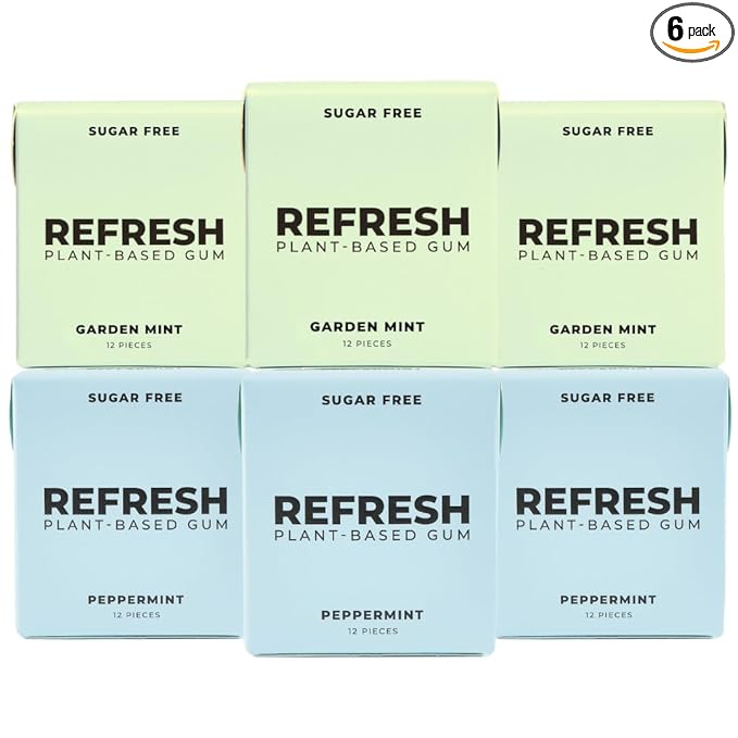 Refresh Gum, Sugar Free, Natural, Xylitol, Long Lasting Chewing Gum, Natural Flavors, Organic Ingredients, Plastic Free, Non GMO, Gluten Free, Vegan (12 Count (Pack of 6), Mint Variety)
