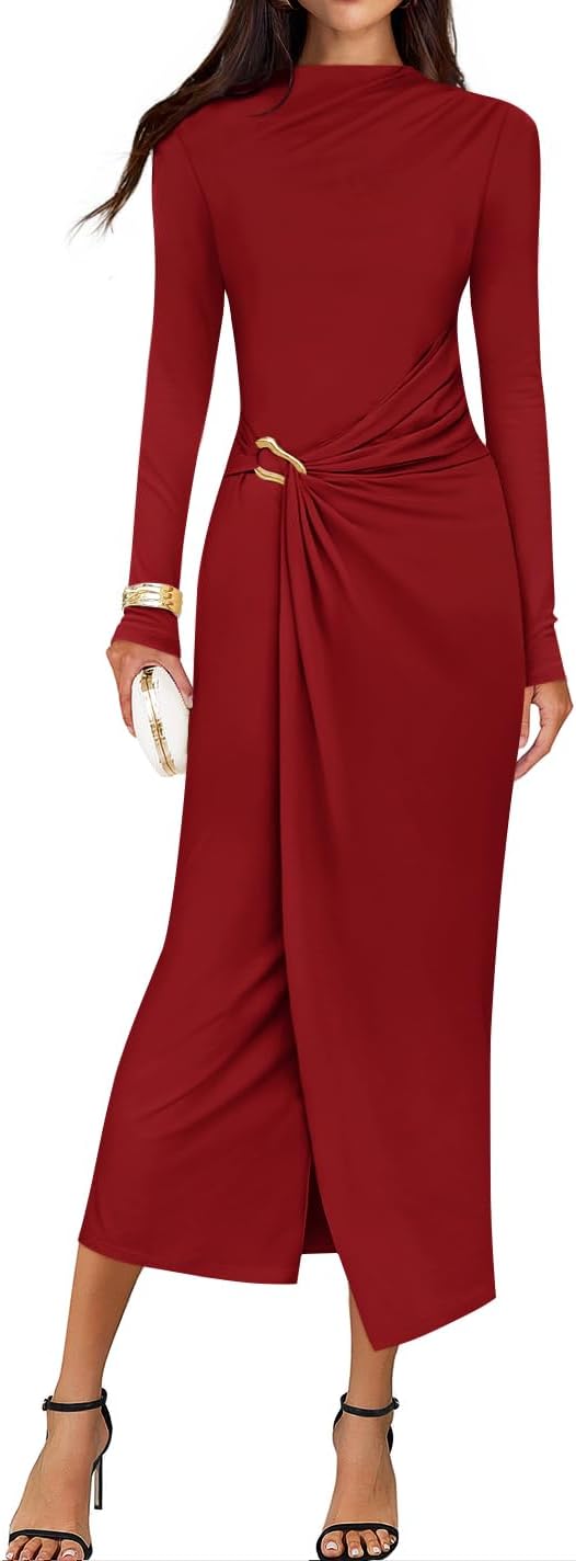 ZESICA Women's 2026 Spring Long Sleeve Bodycon Dress Mock Neck Wedding Guest Cocktail Party Long Midi Dresses