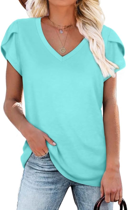 WIHOLL Womens Tops V Neck Summer Petal Sleeve Casual Tshirts