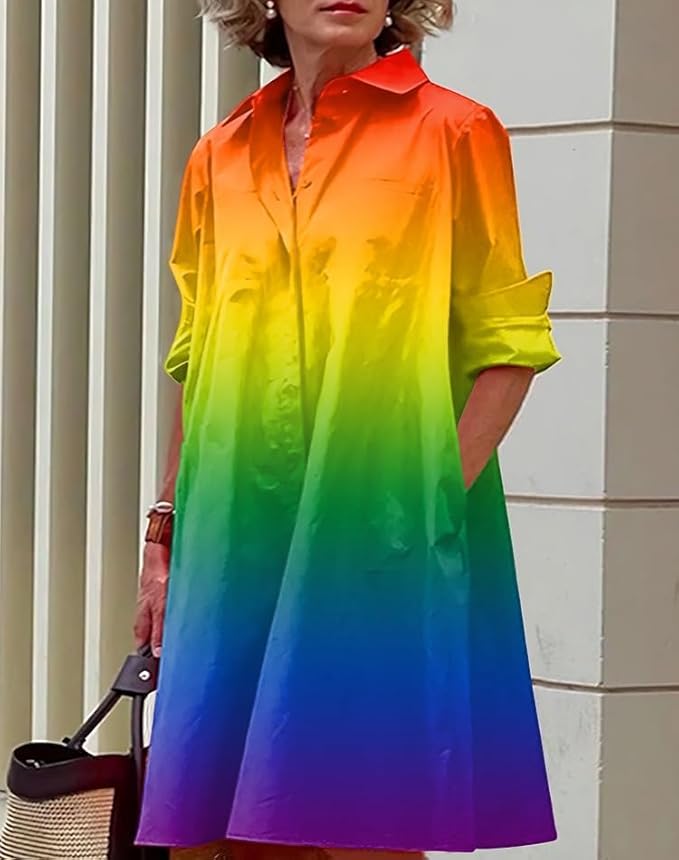 Womens 2025 Long Sleeve Button Down Shirt Summer Dress Casual V Neck Loose Fit Midi Shirt Dresses with Pockets