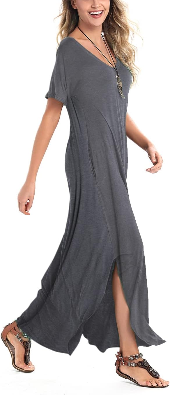 Arolina Women's Summer Maxi Dress Short Sleeve V Neck Casual Loose Long Beach Split Dresses with Pockets