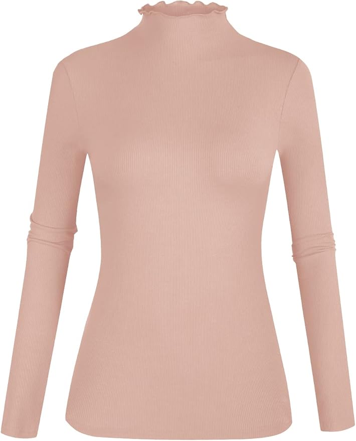 POPZONE Women's Lettuce Trim Mock Neck Long Sleeve Slim Fit Ribbed Knit Tee Shirt Tops