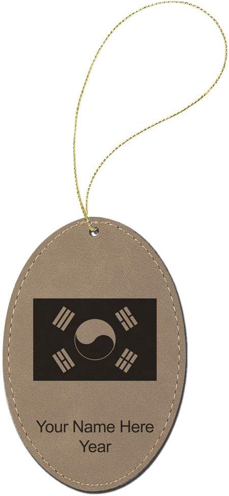 LaserGram Personalized Christmas Ornament, Flag of South Korea, Faux Leather, Custom Laser Engraved Gift Idea (Oval Shape, Light Brown)