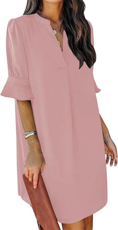 QACOHU Summer Dresses for Women V Neck Ruffle Short Sleeve Casual Shift Dress