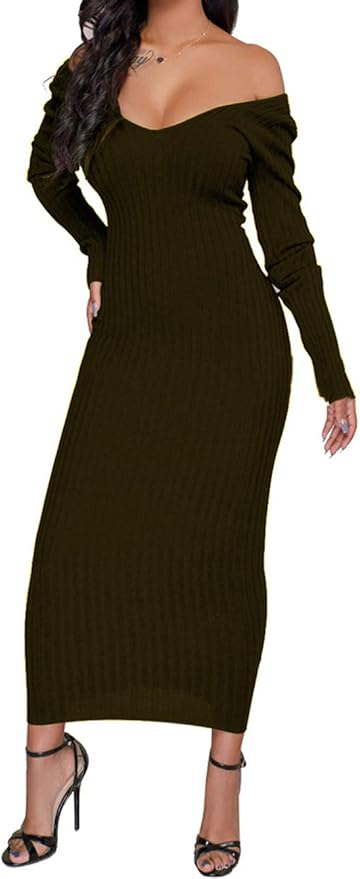 SheKiss Women's Off Shoulder Long Sleeves Bodycon Sweater Dress Sexy Knit Slim Cardigans
