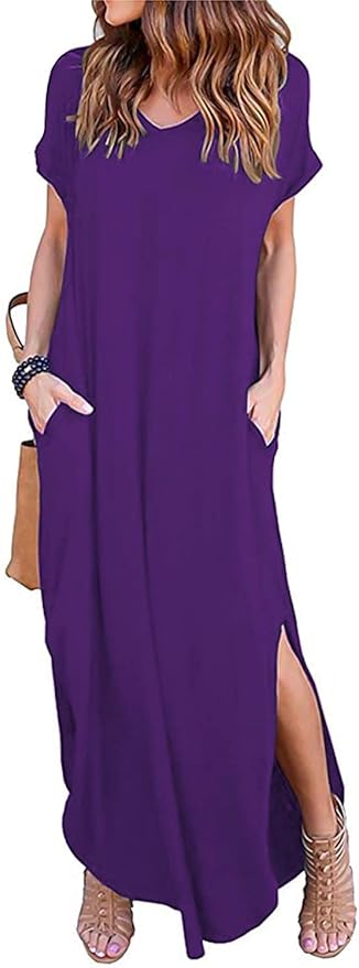 Arolina Women's Summer Maxi Dress Short Sleeve V Neck Casual Loose Long Beach Split Dresses with Pockets