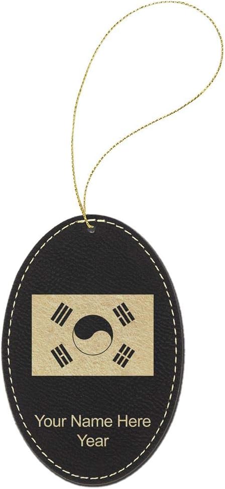 LaserGram Personalized Christmas Ornament, Flag of South Korea, Faux Leather, Custom Laser Engraved Gift Idea (Oval Shape, Black with Gold)