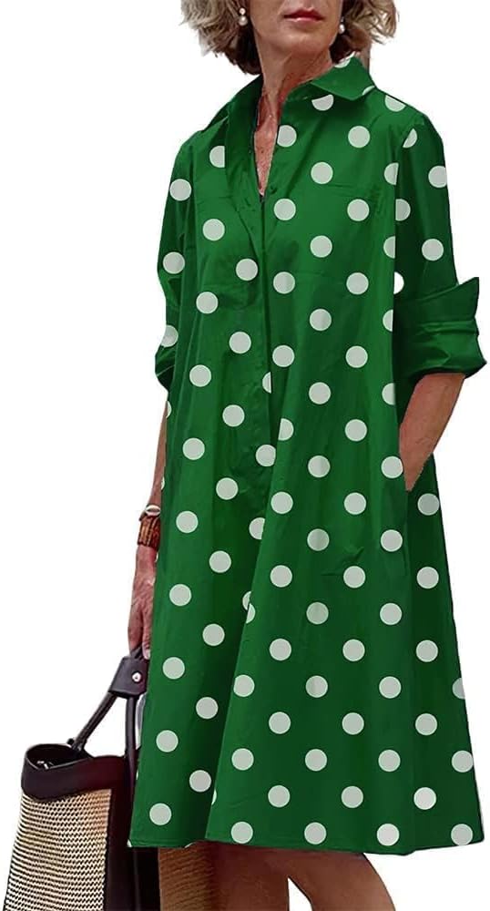 Womens 2025 Long Sleeve Button Down Shirt Summer Dress Casual V Neck Loose Fit Midi Shirt Dresses with Pockets