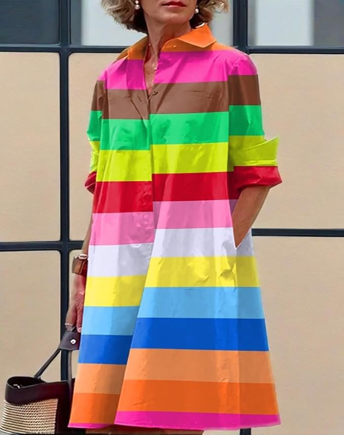Womens 2025 Long Sleeve Button Down Shirt Summer Dress Casual V Neck Loose Fit Midi Shirt Dresses with Pockets